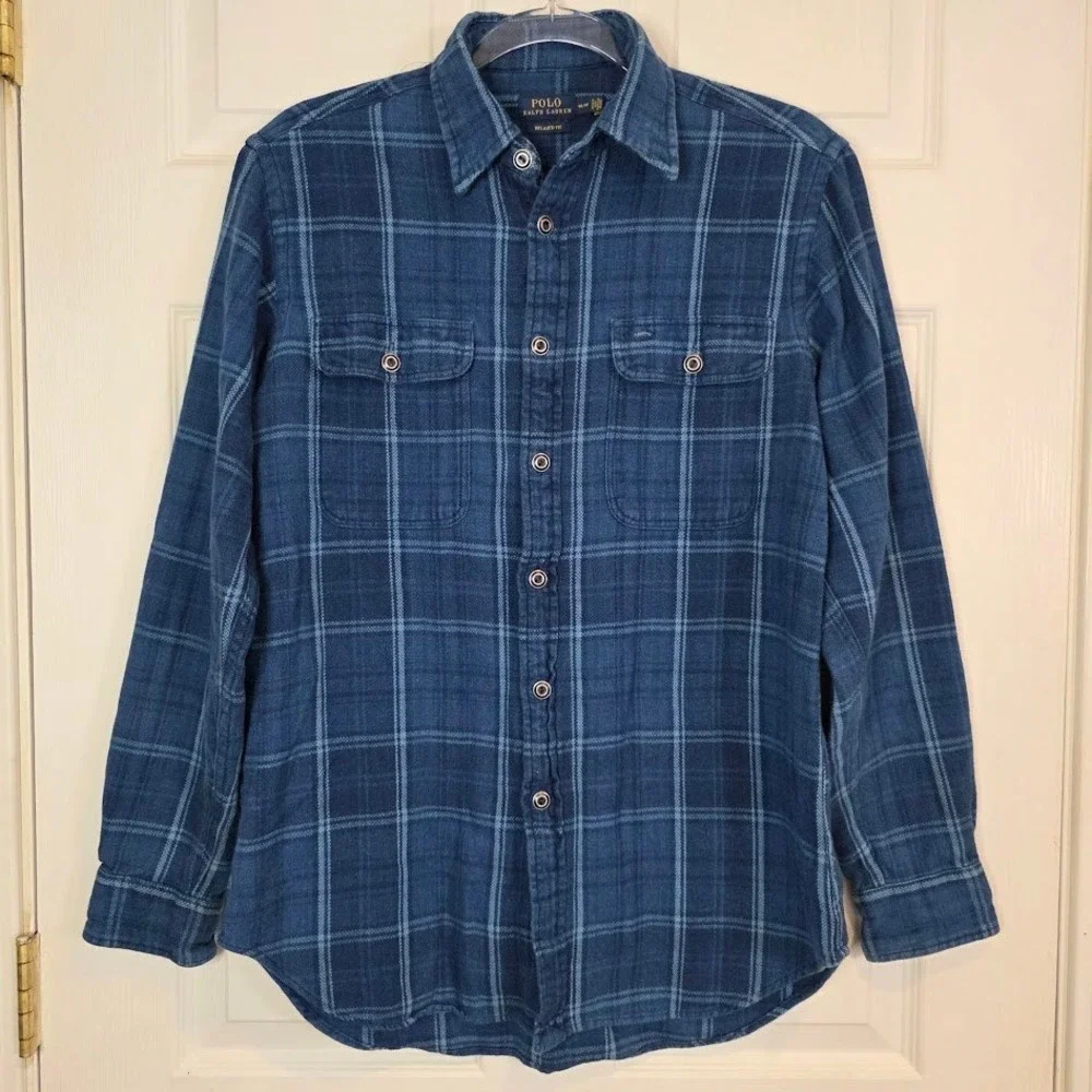 Polo Ralph Lauren Men's M Heavyweight Blue Plaid‎ Work Shirt Elbow Patches